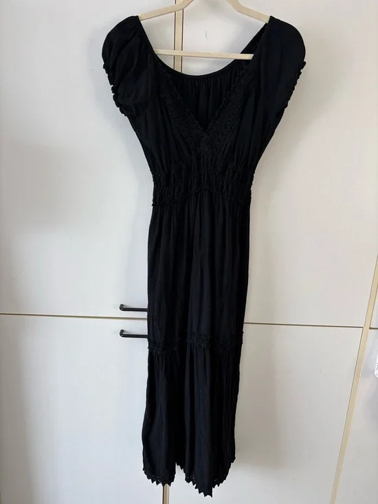 Black Dark Cottagecore Whimsigoth Midi Dress Romantic Lace Crochet Embroidery - Picture 2 of 14